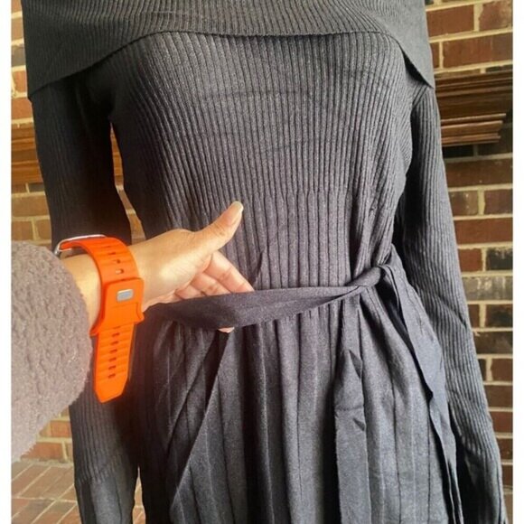 VERTIGO Cowl Neck Pleated Skirt Waist Tie Ribbed Knit Mini Dress Size M Black - Picture 12 of 16